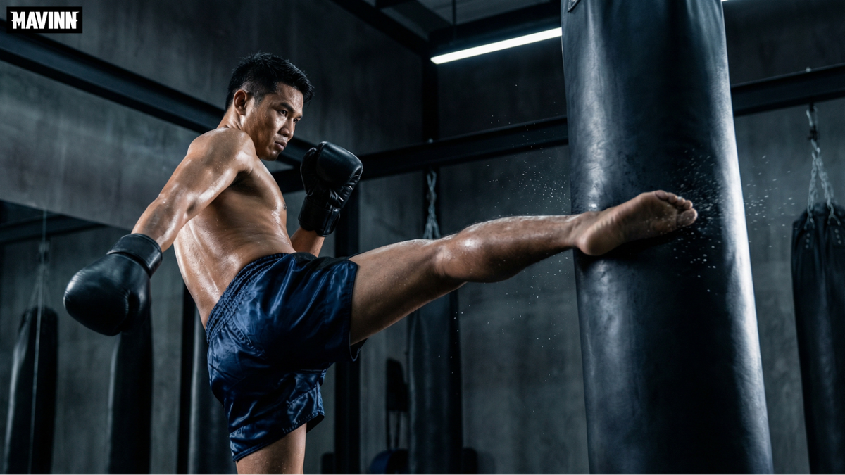 Athletic fighter striking the best muay thai heavy bag with a high kick
