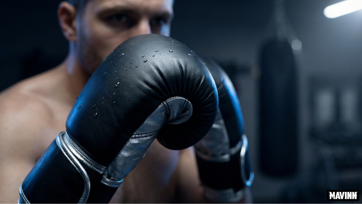 Sweat droplets on black and silver boxing gloves representing the best gloves for muay thai
