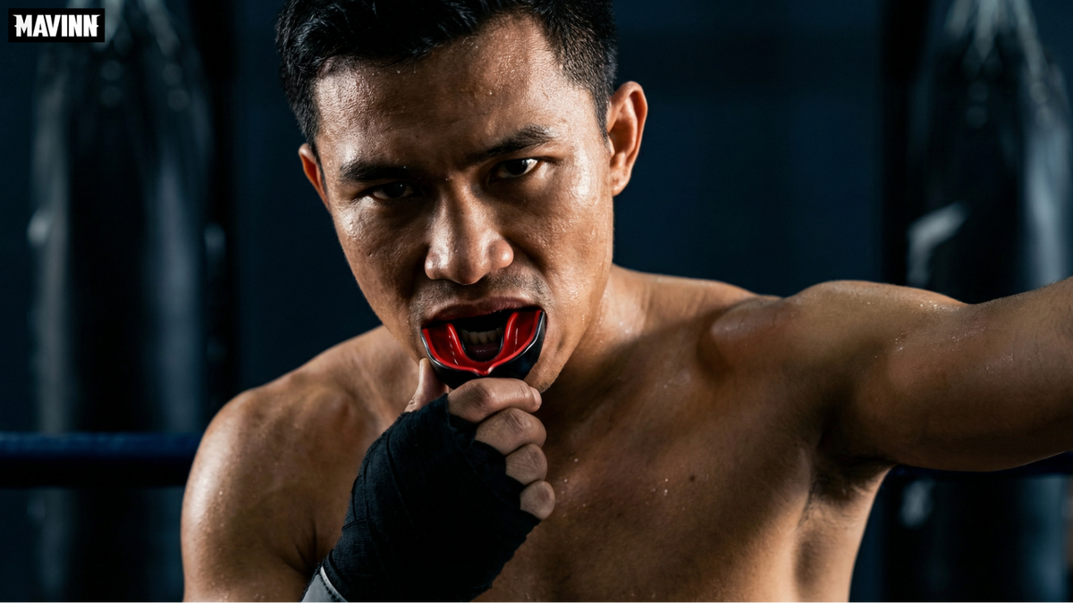 Sweaty Muay Thai fighter wearing hand wraps and a red and black mouthguard in a gym