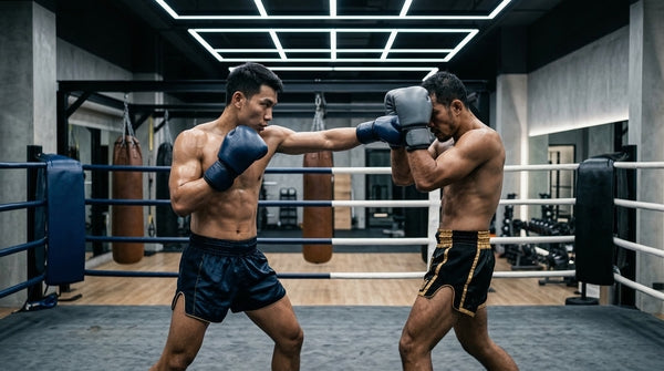 Muay Thai fighters sparring in a modern ring at the best muay thai gym in thailand