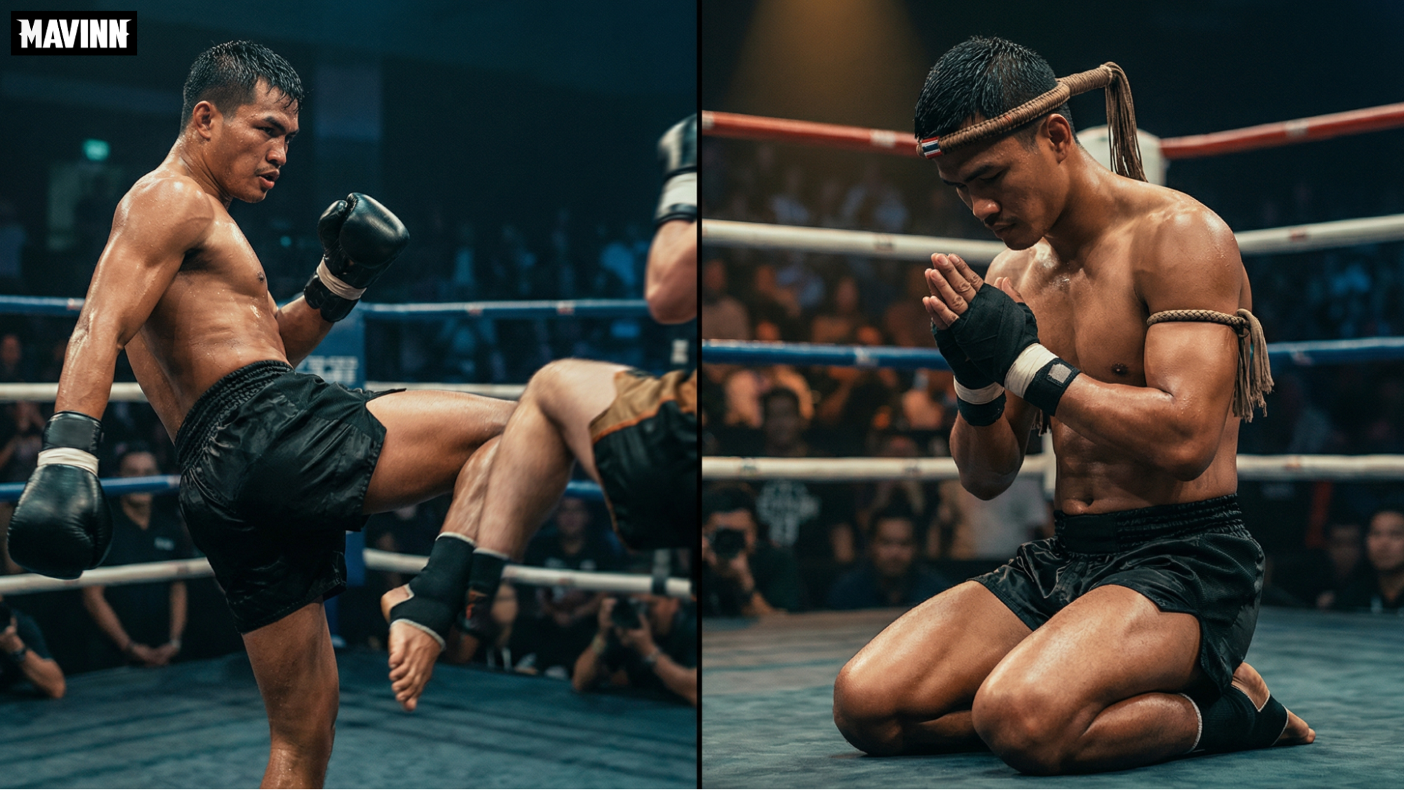 Muay Thai fighter demonstrating a kick and kneeling in a traditional Wai Kru pose