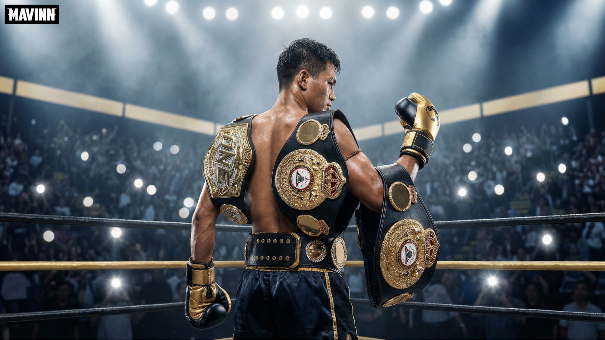 The greatest Muay Thai fighter of all time standing in a stadium holding multiple championship belts