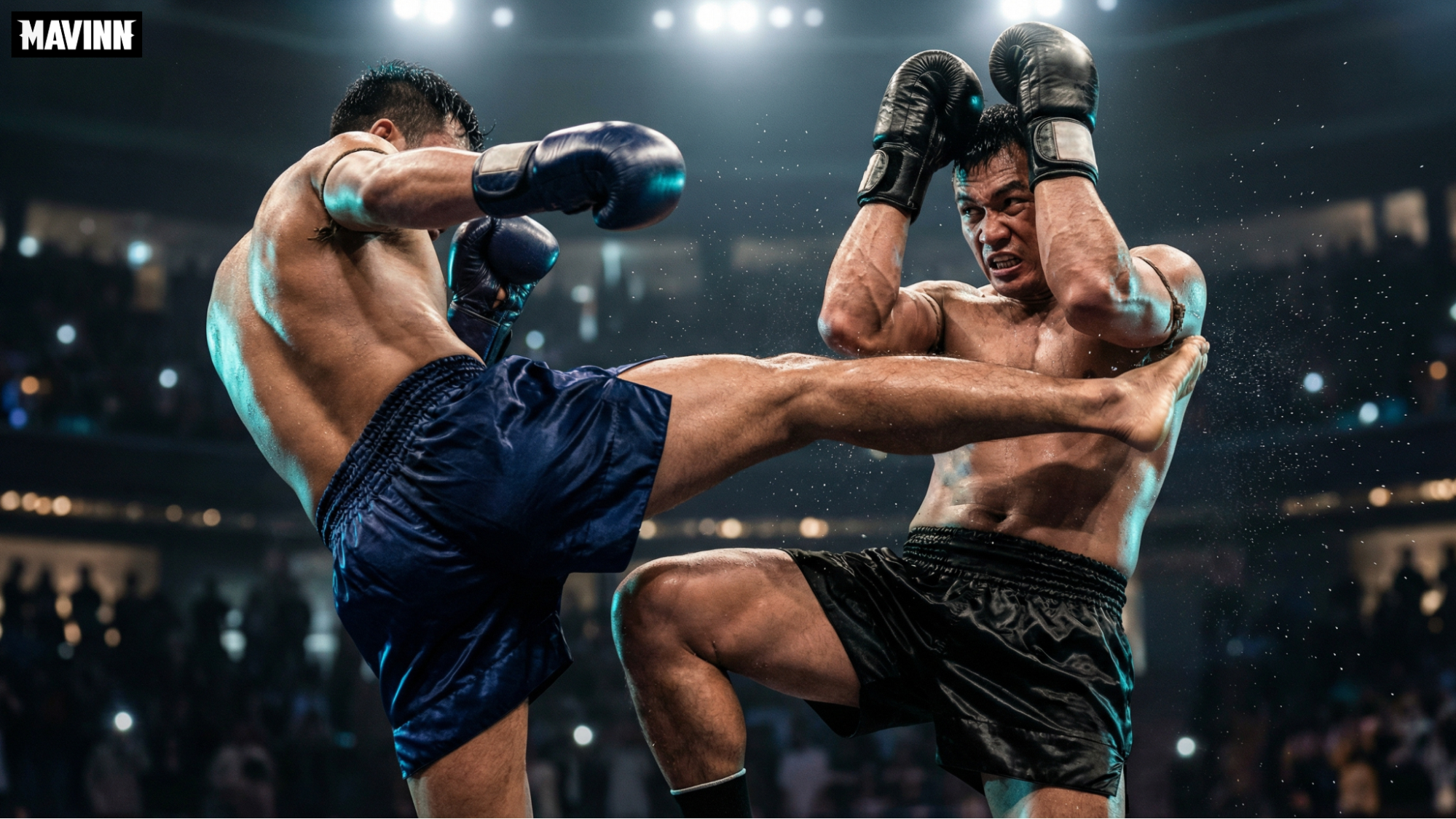 Heavyweight muay thai fighters engaged in an intense kicking exchange inside the boxing ring