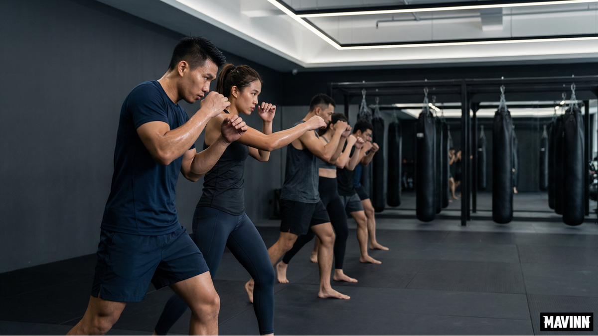 Group of people practicing punches in a gym learning how to start muay thai