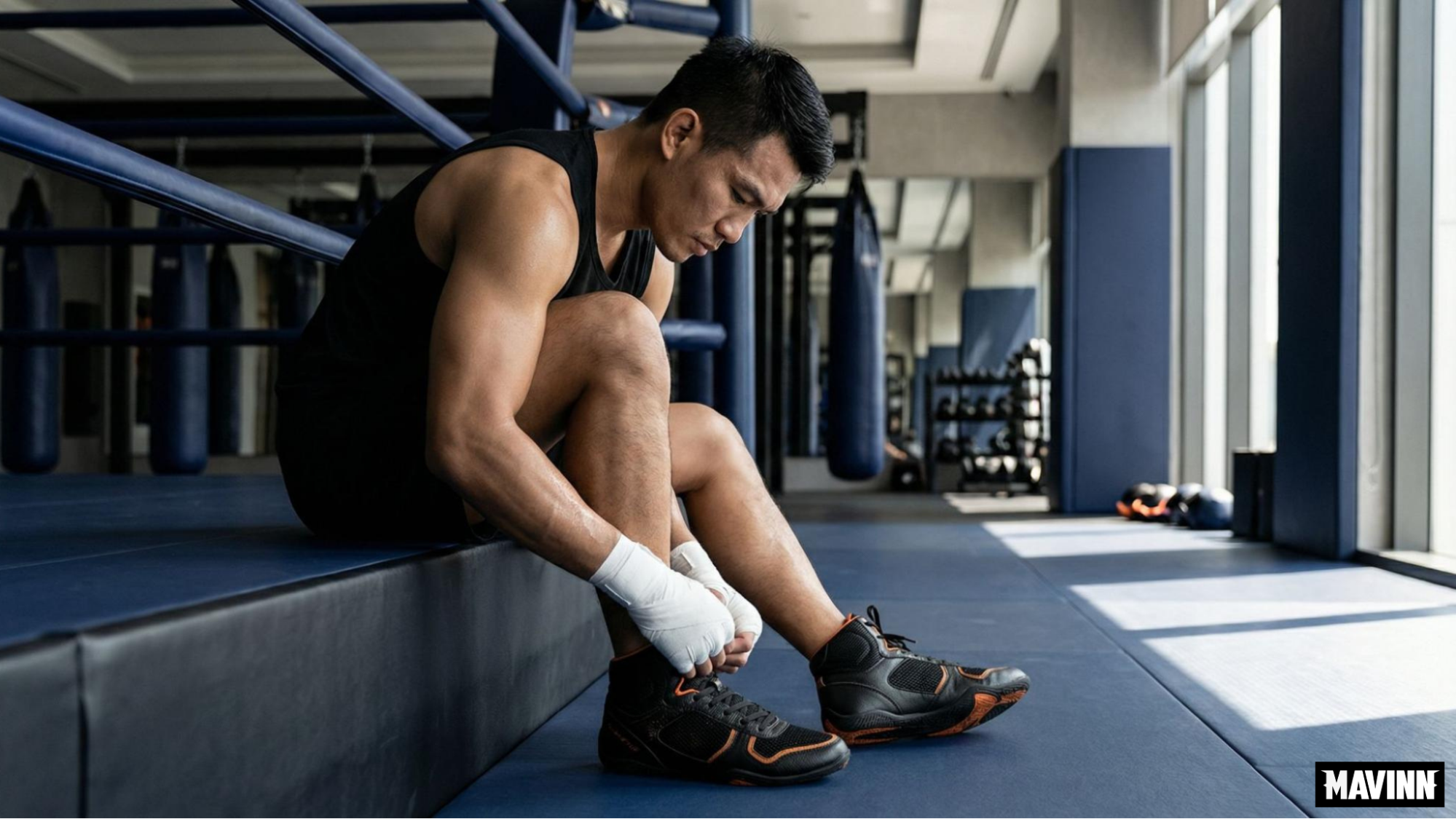 Male athlete sitting near a boxing ring adjusting hand wraps wearing black Muay Thai shoes