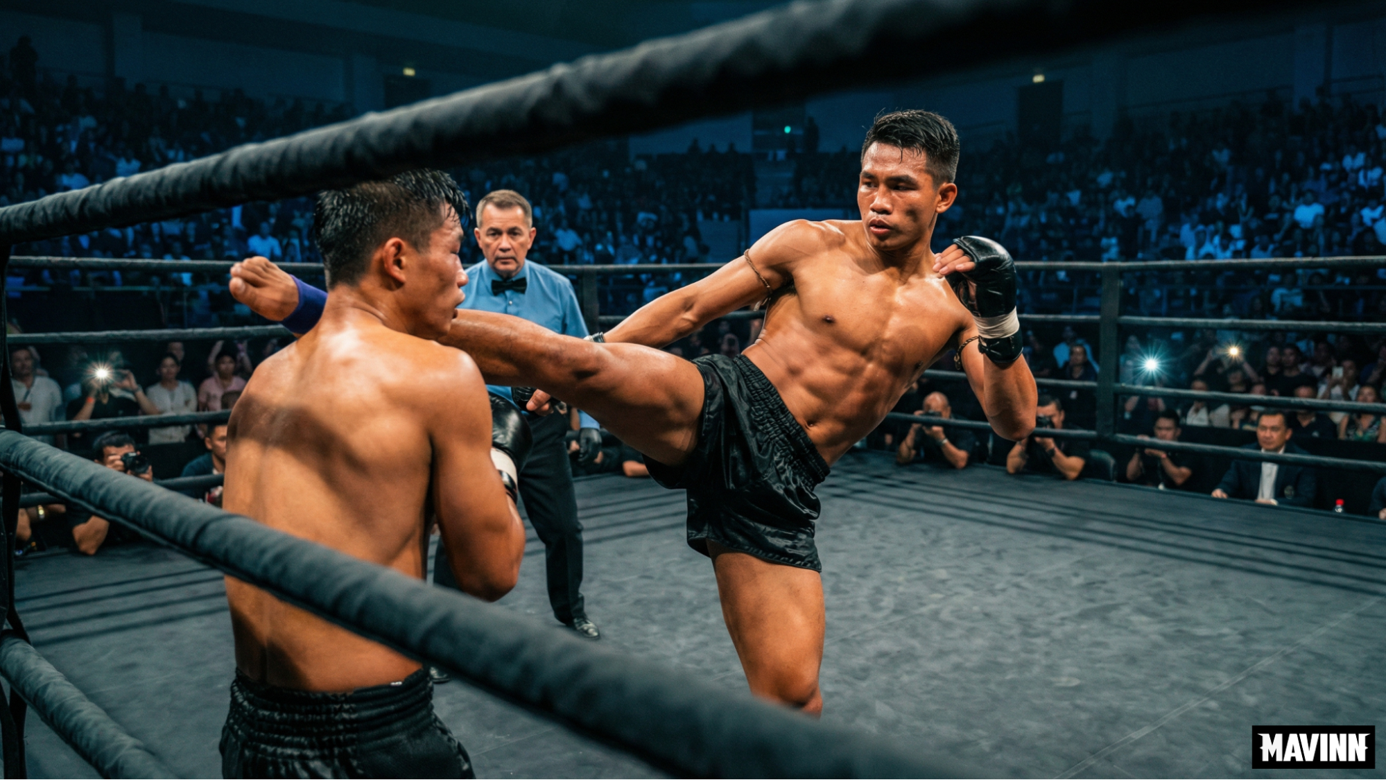 Muay Thai rules competition featuring a fighter executing a high kick under referee supervision