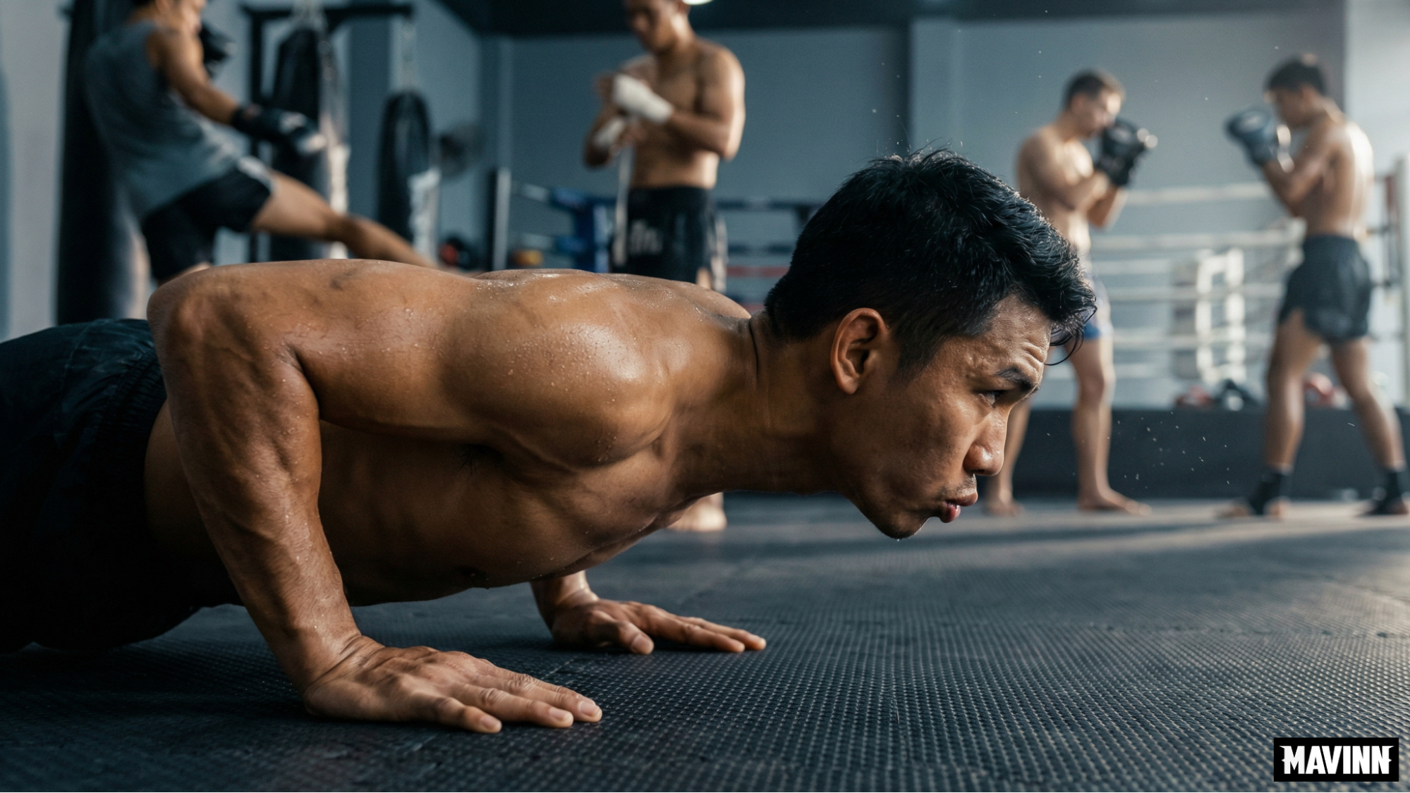 Muscular athlete doing push ups in a gym as part of a Muay Thai training program