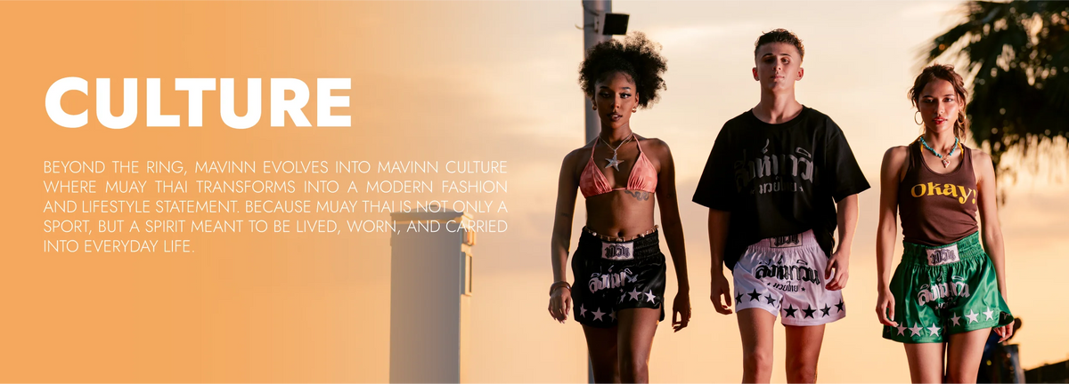 Culture banner with three models in MAVINN Muay Thai streetwear