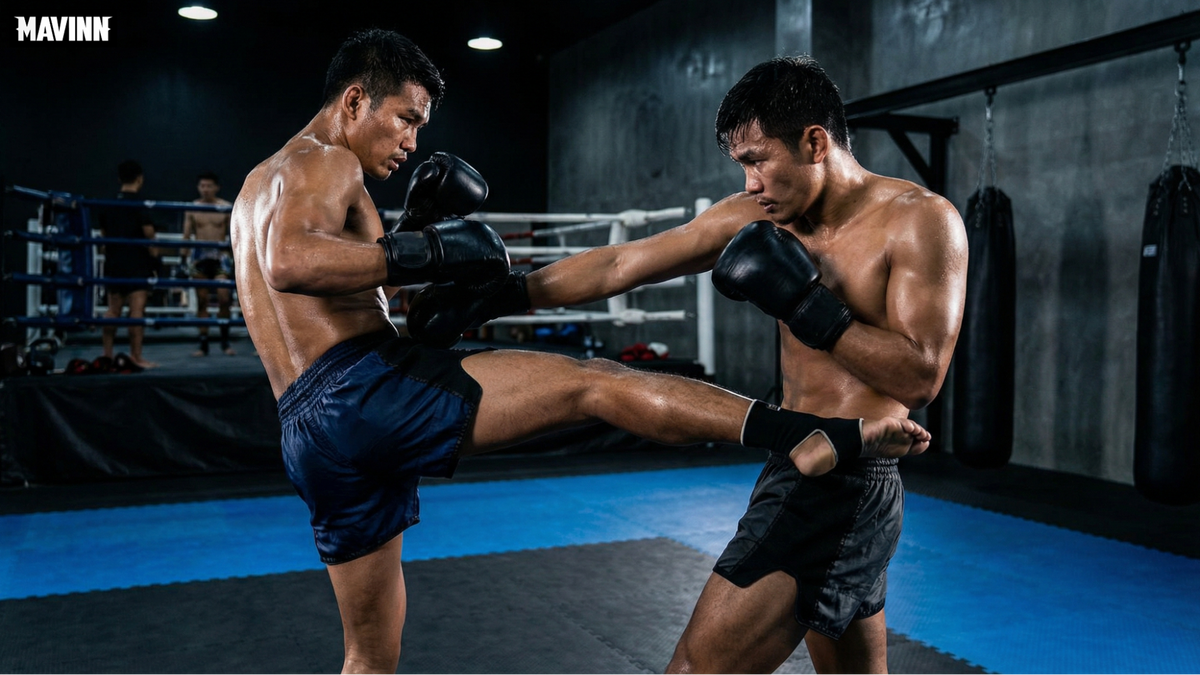 Muay Thai fighters sparring in a gym demonstrating the art of eight limbs
