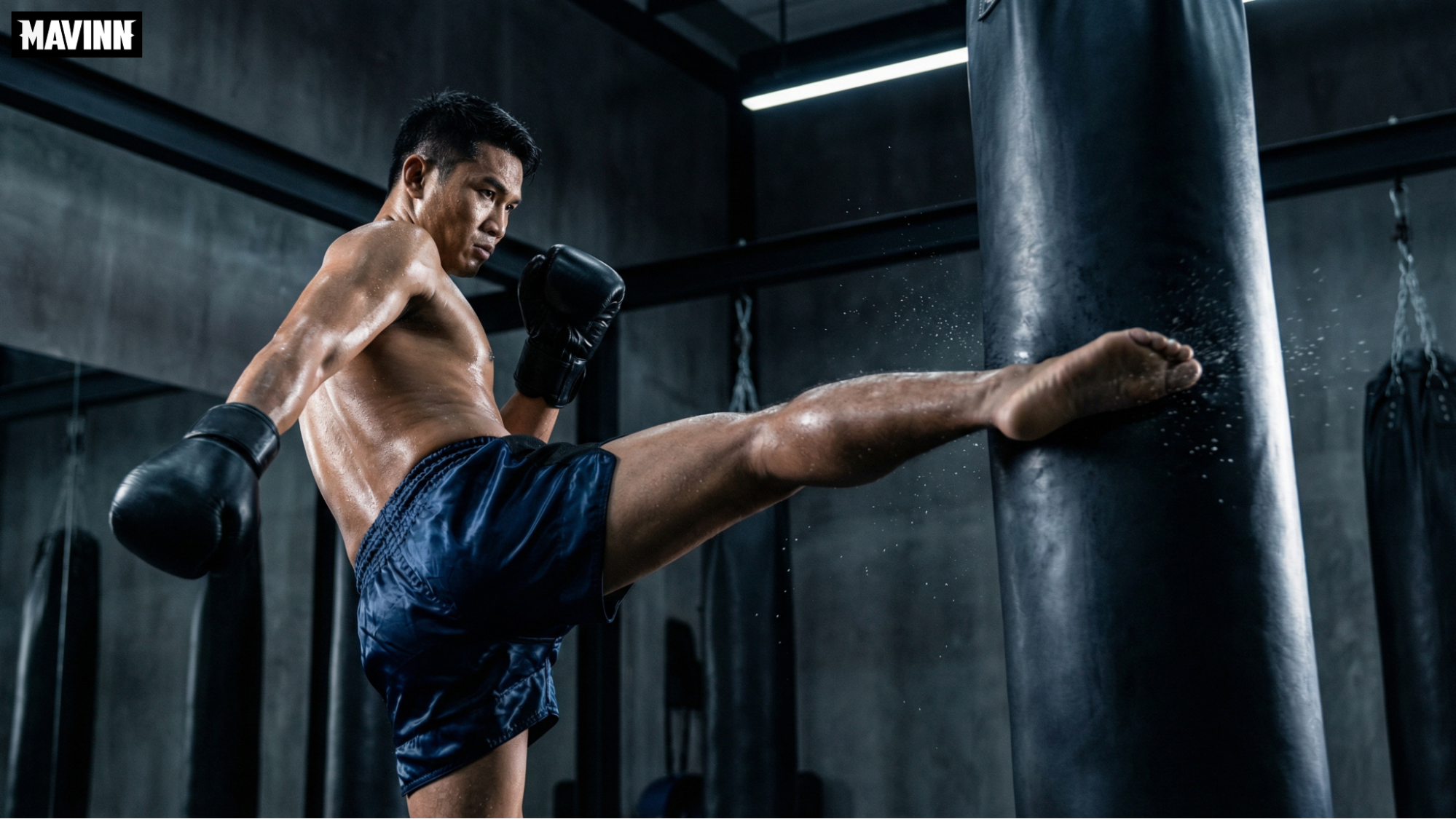Athletic fighter striking the best muay thai heavy bag with a high kick