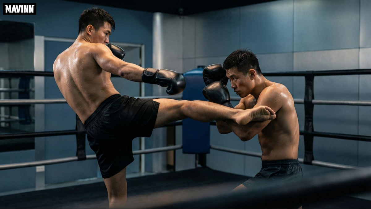 Men sparring in a boxing ring practicing the best martial art for striking with a high kick