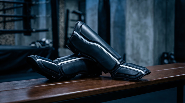Black Muay Thai shin pads with white stripes on a wooden gym bench