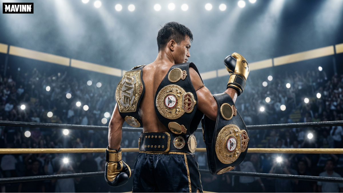 The greatest Muay Thai fighter of all time standing in a stadium holding multiple championship belts