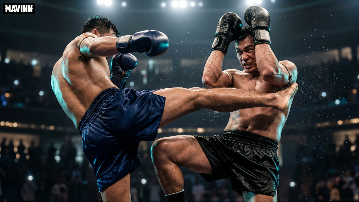 Heavyweight muay thai fighters engaged in an intense kicking exchange inside the boxing ring