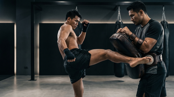 Muay Thai fighter landing a powerful high kick on a kicking shield held by a trainer during a gym workout