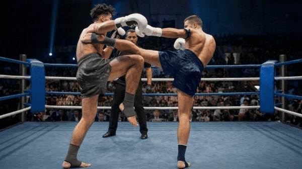 Athletes competing in an intense Muay Thai fight inside a stadium ring