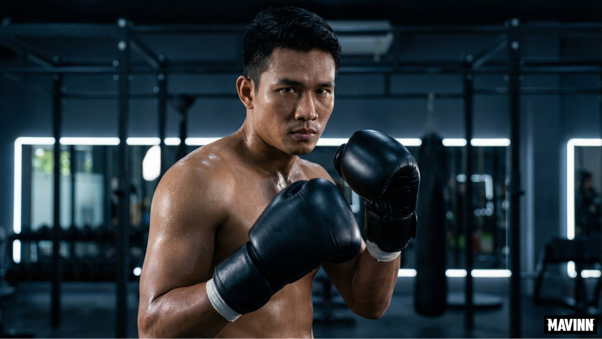 Sweaty Nak Muay wearing black boxing gloves standing in a gym